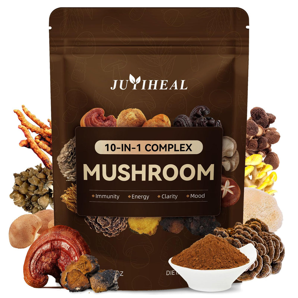 Front view of 10-in-1 mushroom powder packaging (60g)