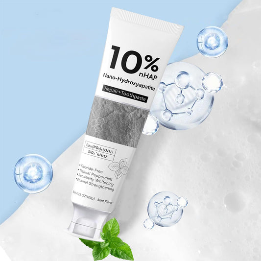 Tube of toothpaste labeled 10% nano-hydroxyapatite for enamel repair