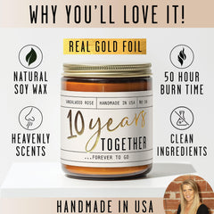 10th anniversary branding on the candle jar with gold foil