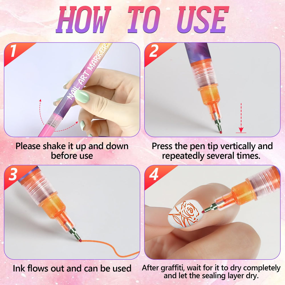 12-color nail art pens set waterproof and quick-dry feature in action.