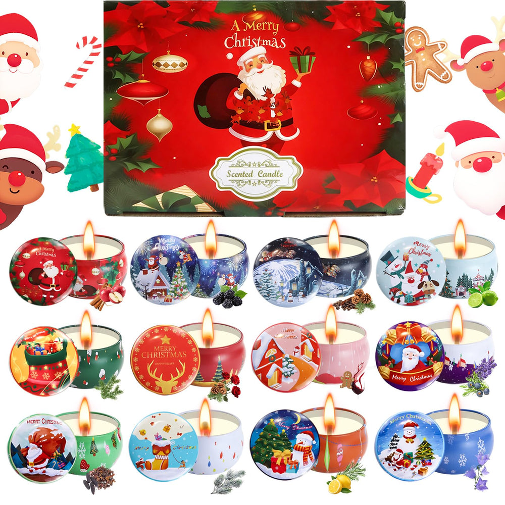 Decorative metal tin candle from the 12-pack Christmas scented candles set