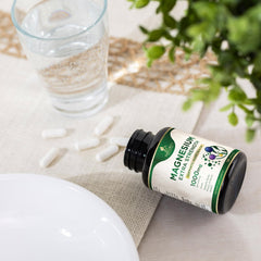 Container showing 120 magnesium capsules packaging