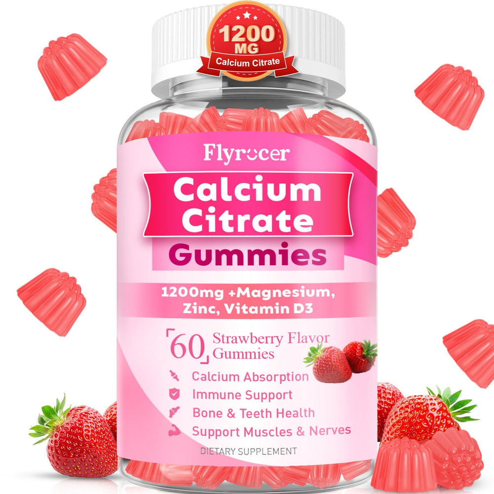 Bottle of 1200mg calcium citrate gummies in strawberry flavor (60 count).