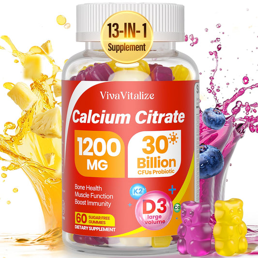 Front view of 60-count bottle of 13-in-1 calcium citrate gummies with blueberry and pineapple flavor