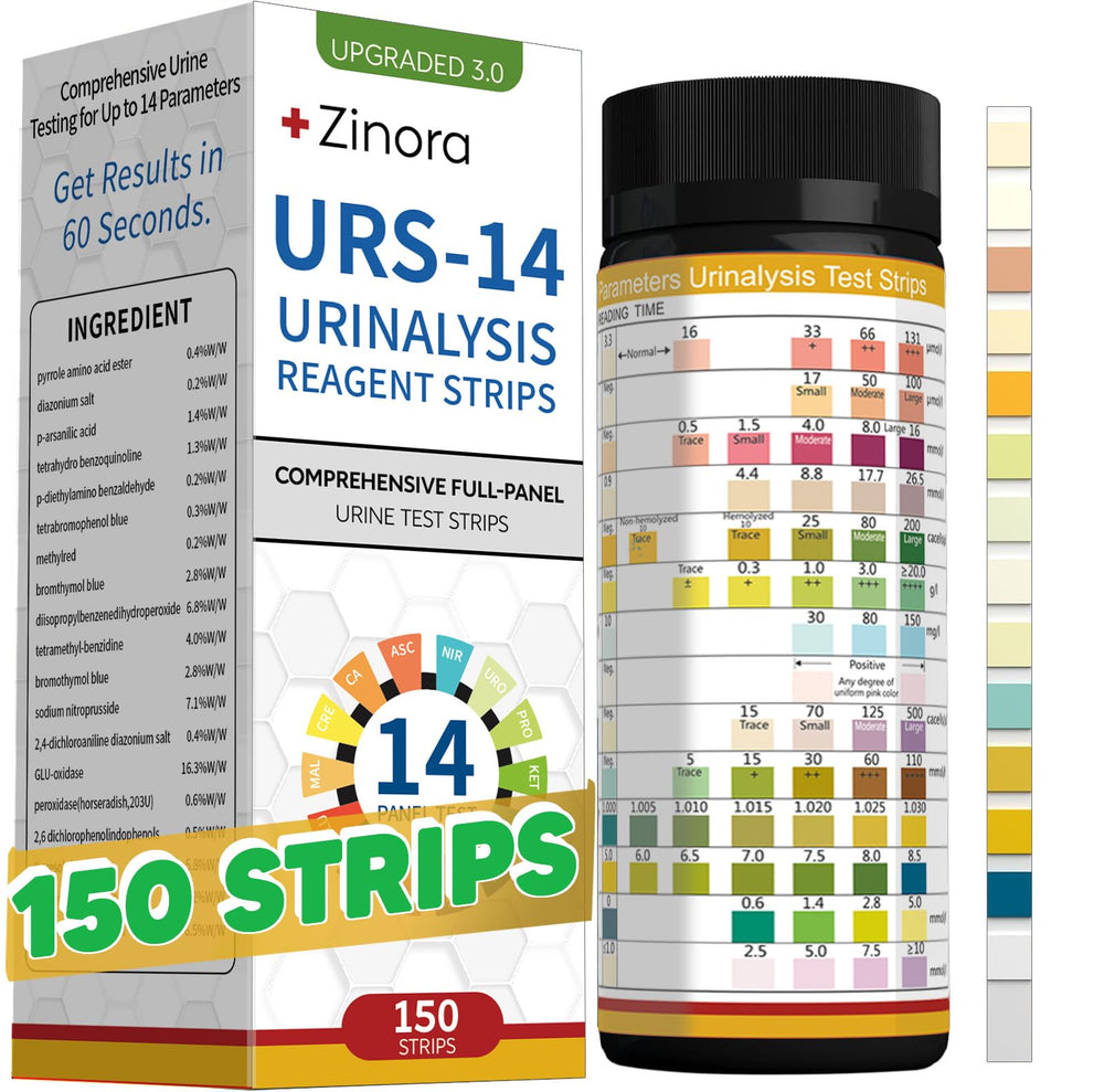 Front view of 14-URS 150ct urine test strips box