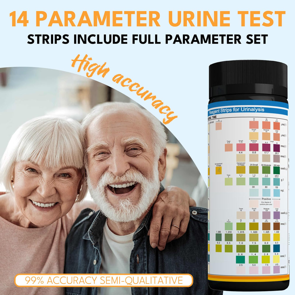 Close-up of 14-URS test strips with color chart