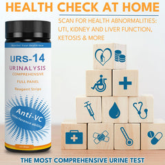 Urine sample being tested with 14-URS strips