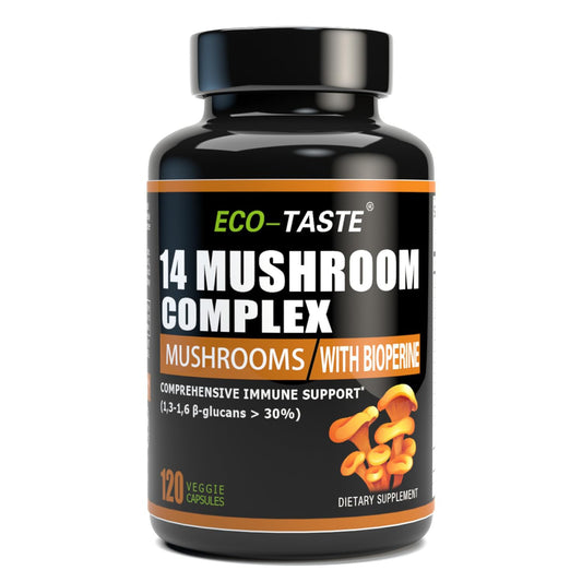 Bottle of 14 Mushrooms Supplement showing Lion's Mane and Reishi
