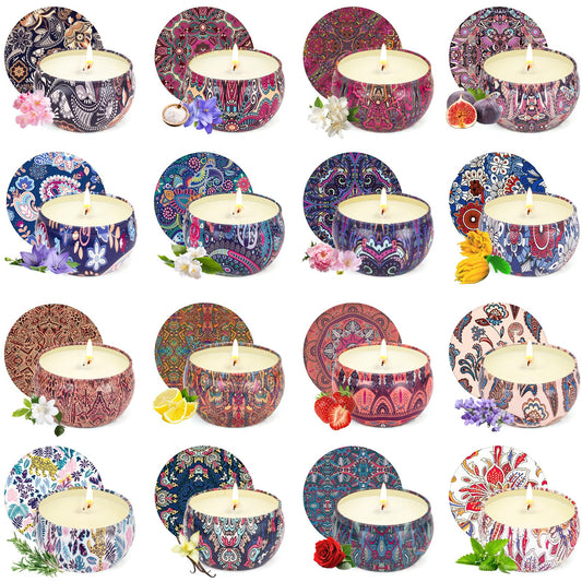 Front view of the 16-pack scented candles gift set in tin containers