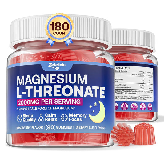 Front view of two 180-count Magnesium L-Threonate Gummies Raspberry bottles