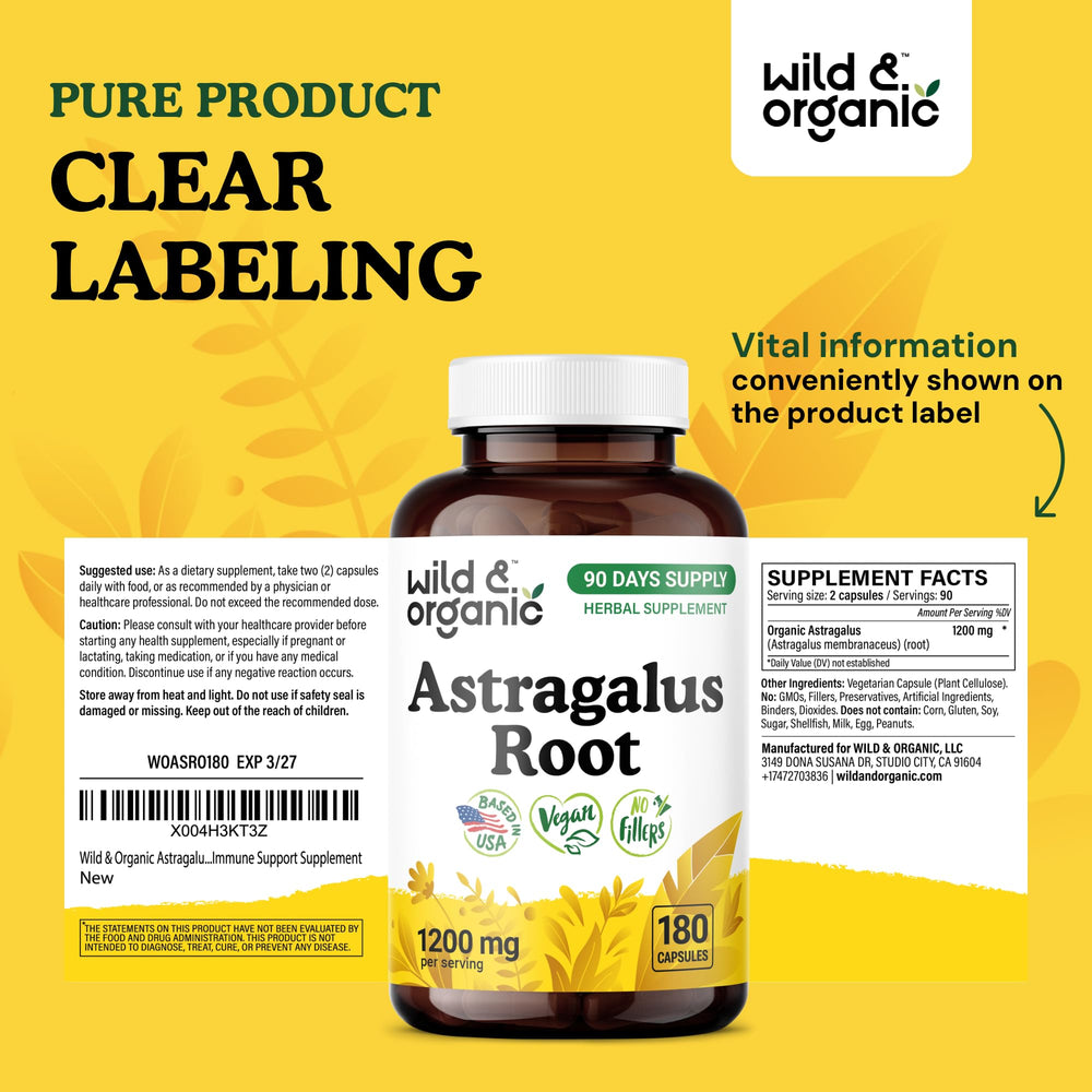 180-count bottle of Wild & Organic Astragalus Capsules Pack of 1