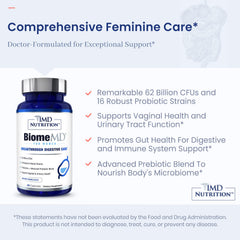 1MD BiomeMD Women capsules closeup shows 62B CFUs across 16 strains for robust support.