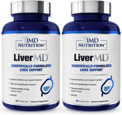 1MD LiverMD bottle front, a premium liver support supplement for daily wellness.