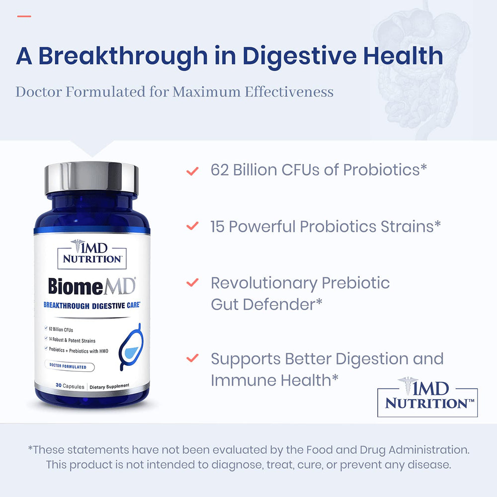 Glass of water beside BiomeMD Probiotics suggesting easy daily routine for digestion.