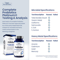 1MD Nutrition Complete Probiotics Platinum label highlights 11 probiotic strains.