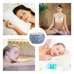 Flat lay of floral scented candles in spa-like setting