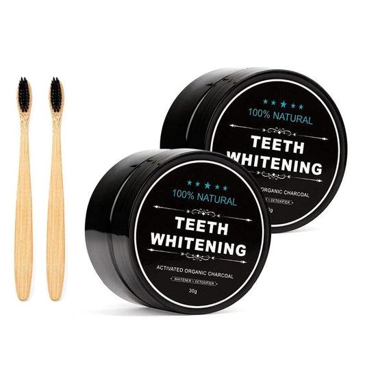 2-pack activated charcoal teeth whitening powder in jar with bamboo brush