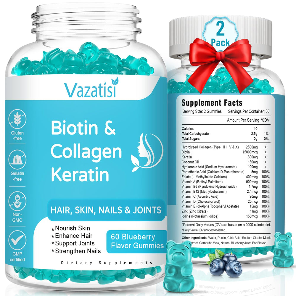 Two-bottle set of Biotin gummies with collagen and keratin on a white background
