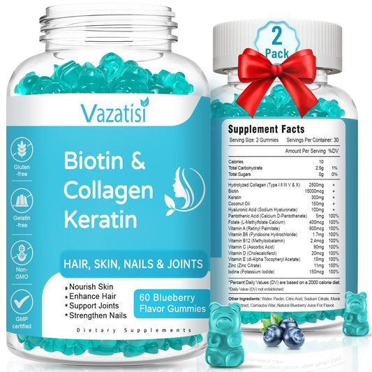 Two-bottle set of Biotin gummies with collagen and keratin on a white background