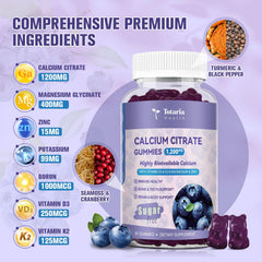 Close-up of gummies showing 1200 mg calcium citrate per serving
