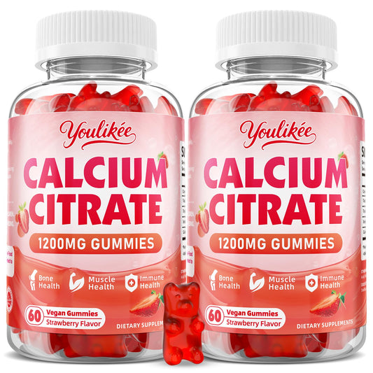 Front view of 2-pack calcium citrate gummies bottle with strawberry flavor