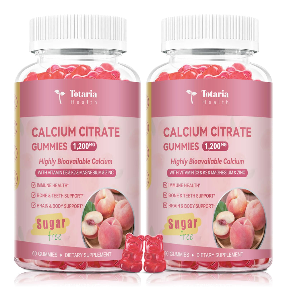 Hero image showing 2-pack peach-flavored calcium citrate gummies