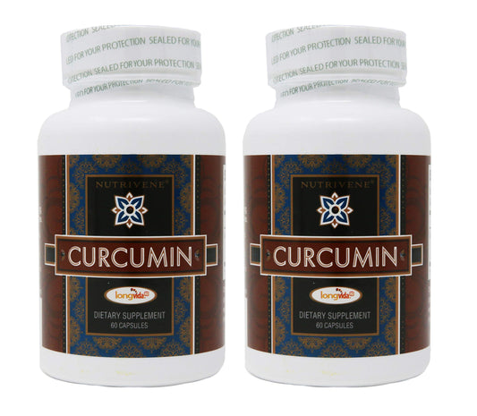 Front view of 2-pack Nutrivene Curcumin Longvida bottles – 500 mg, 60 capsules each
