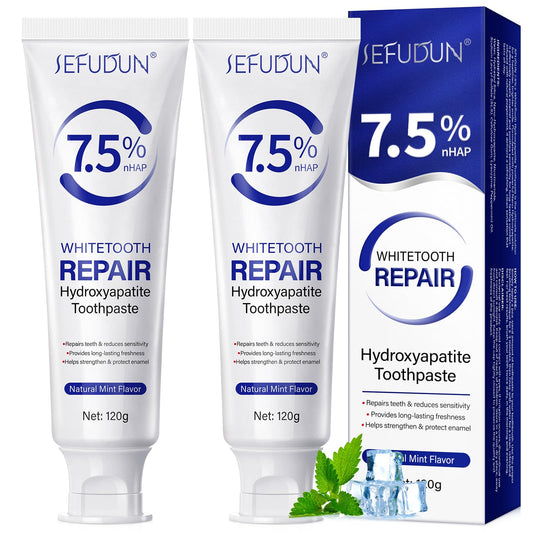 Two tubes of hydroxyapatite toothpaste in packaging