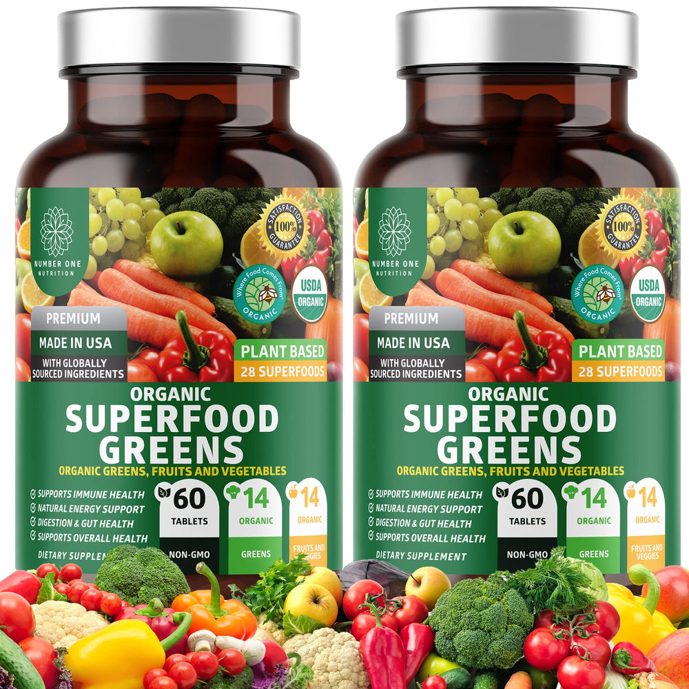 Front view of two 120-count bottles of N1N Organic Green Superfood
