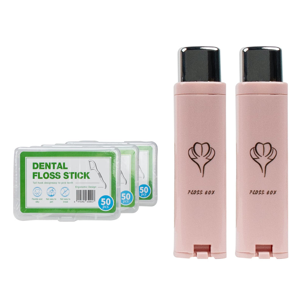 Two pink portable dental floss dispensers in a compact travel case
