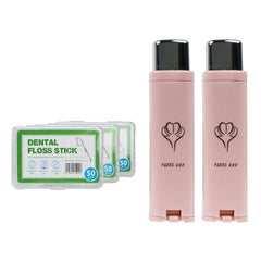 Two pink portable dental floss dispensers in a compact travel case
