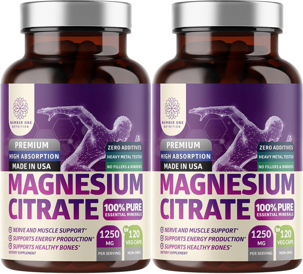 Front view of 2-pack magnesium citrate capsules bottle showing 1250 mg serving