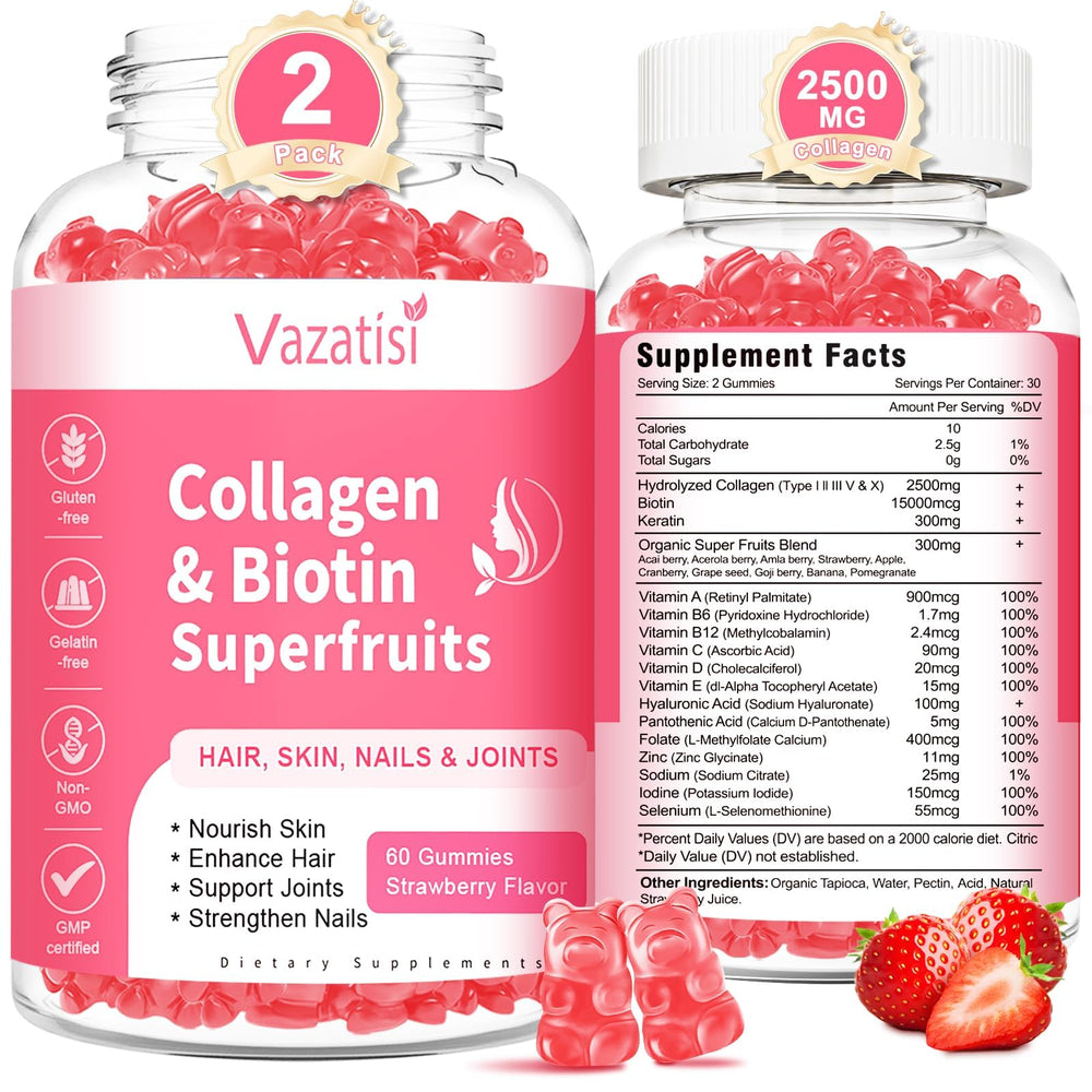 2 pack sugar free collagen gummies for women and men strawberry flavor 120 count