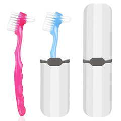 Two-piece denture cleaning brush set in blue and red with multi-layered bristles