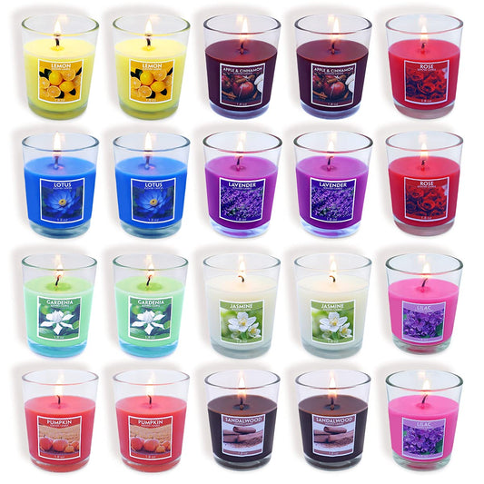 Top view of 20-pack scented aromatherapy candles in glass votives