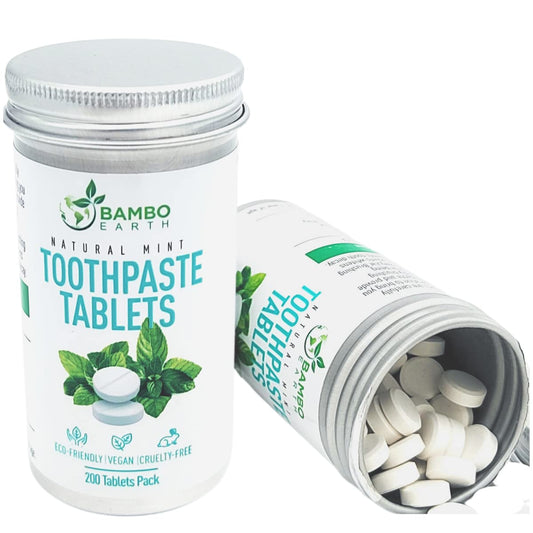 200-pack natural toothpaste tablets in mint and activated charcoal inside a recyclable tin