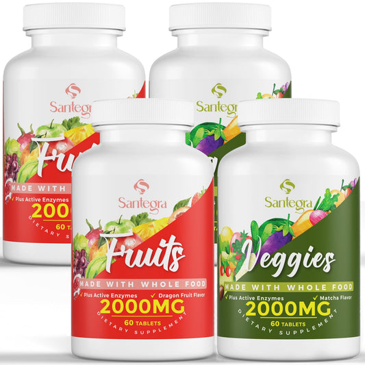 Two bottles of 2000 mg fruit & veggie supplement displaying dragon fruit and matcha flavors