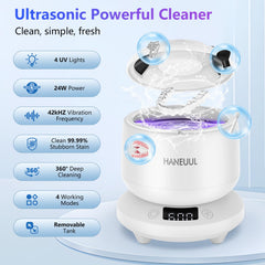 Close-up of the cleaner with dentures and aligners in white