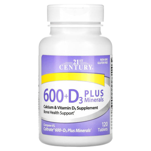 Front of 21st Century Calcium 600+D Plus Minerals Caplets bottle