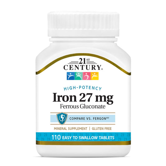 Bottle of 21st Century Iron 27 mg Ferrous Gluconate tablets
