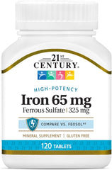 Front view of 21st Century Iron ferrous sulfate tablets bottle, 120-count