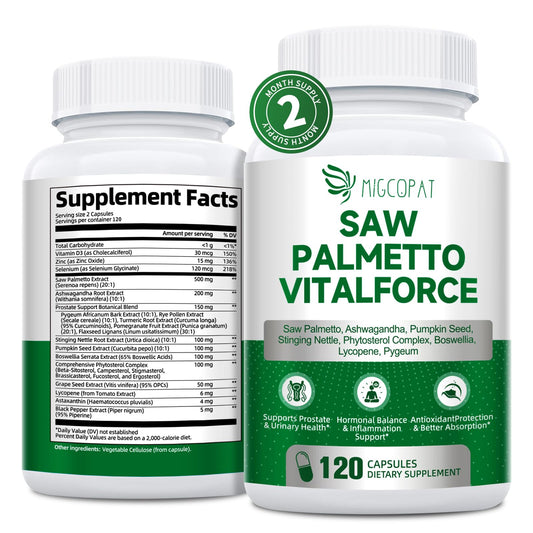 Migcopat 23 in 1 Saw Palmetto for Men bottle label showing 10,000 mg per serving