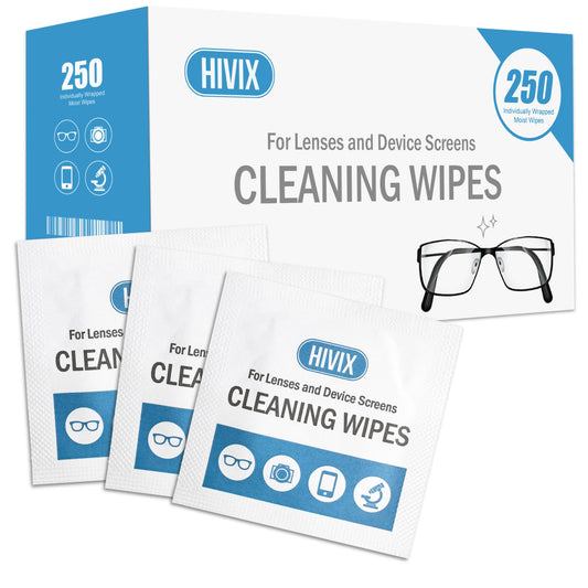 Packaging front view of 250-count lens wipes