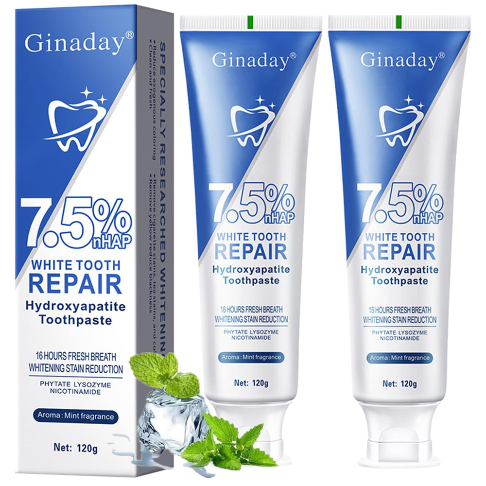 Two tubes of hydroxyapatite toothpaste in a 2-pack on a white background