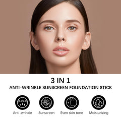 3-in-1 foundation stick sweat-resistant formula lasts through workouts.