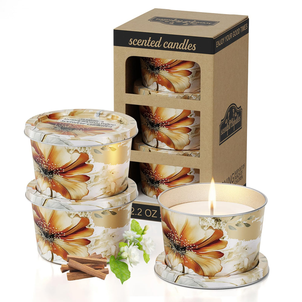 Three-pack aromatherapy candles in travel-size tins with Jasmine, Musk and Sandalwood scent