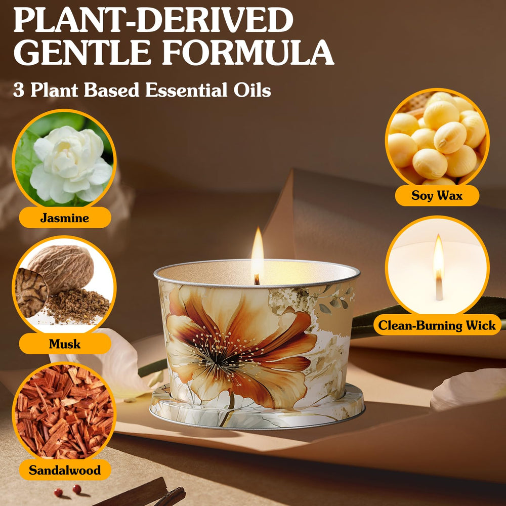 2.2oz travel-size candle with Jasmine, Musk and Sandalwood fragrance