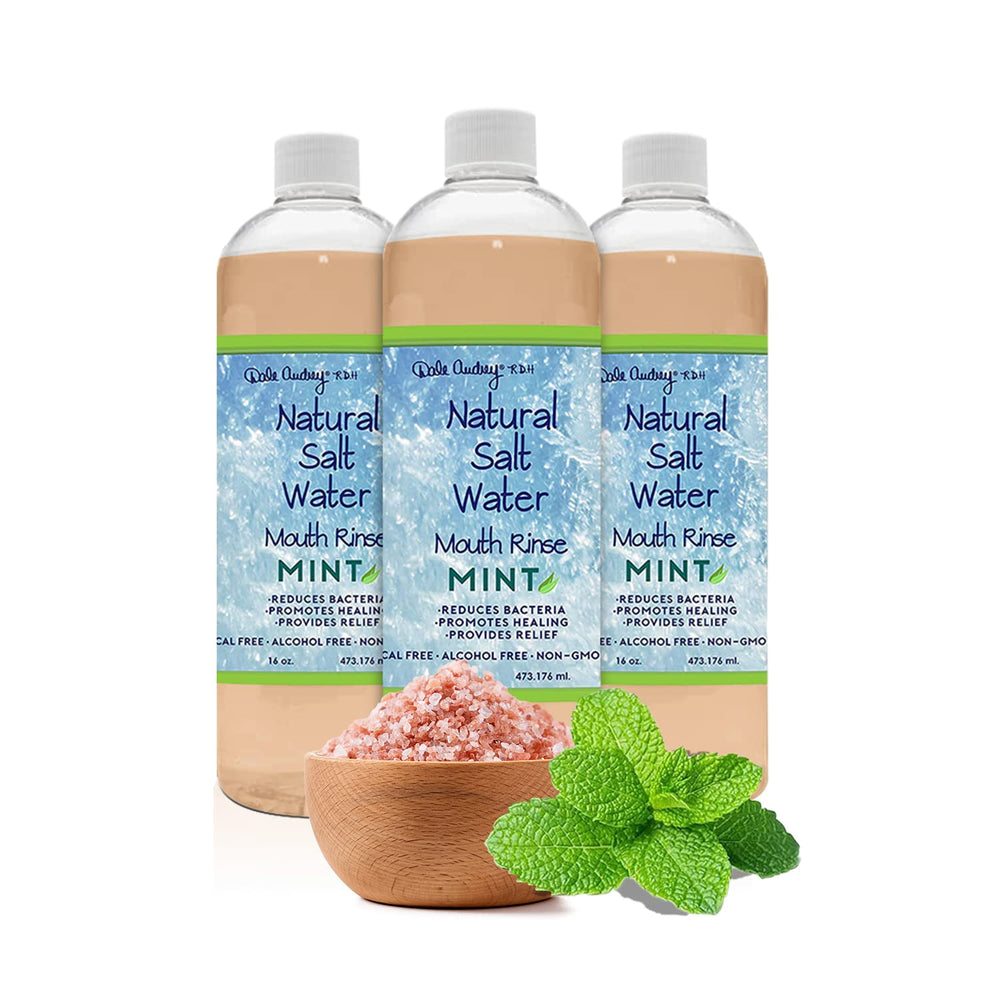 Front view of 3-pack Natural Saltwater Mouth Rinse with mint-flavor bottles
