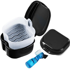 Three-pack retainer cleaner case kit with storage for aligners and dentures