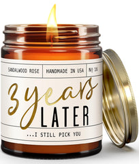 Front view of 3 Years Later candle with engraved message